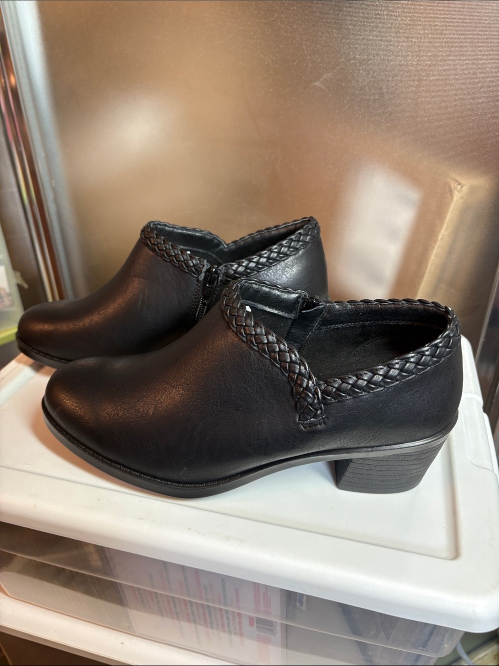 easy street Black Braided-Trim Low Block Heel Ankle Boots